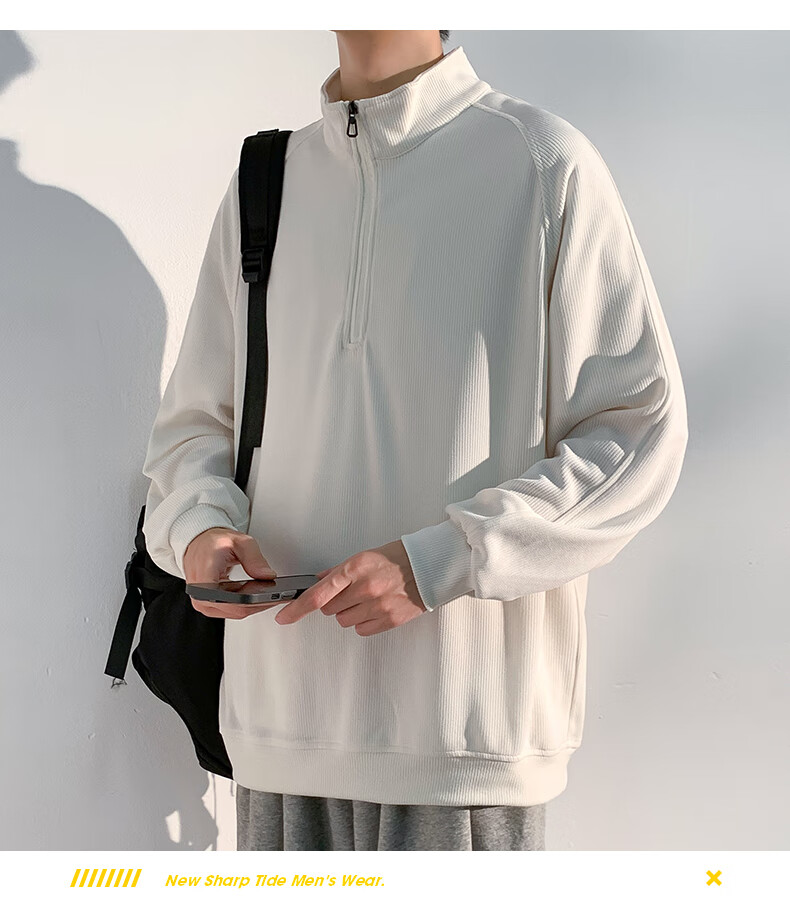 Homlean American-Style High-Quality Hoodie for Men, Autumn Loose-Fit Trendy Pullover Stand-Collar Half-Zip Base Layer HM06 Gray L 17