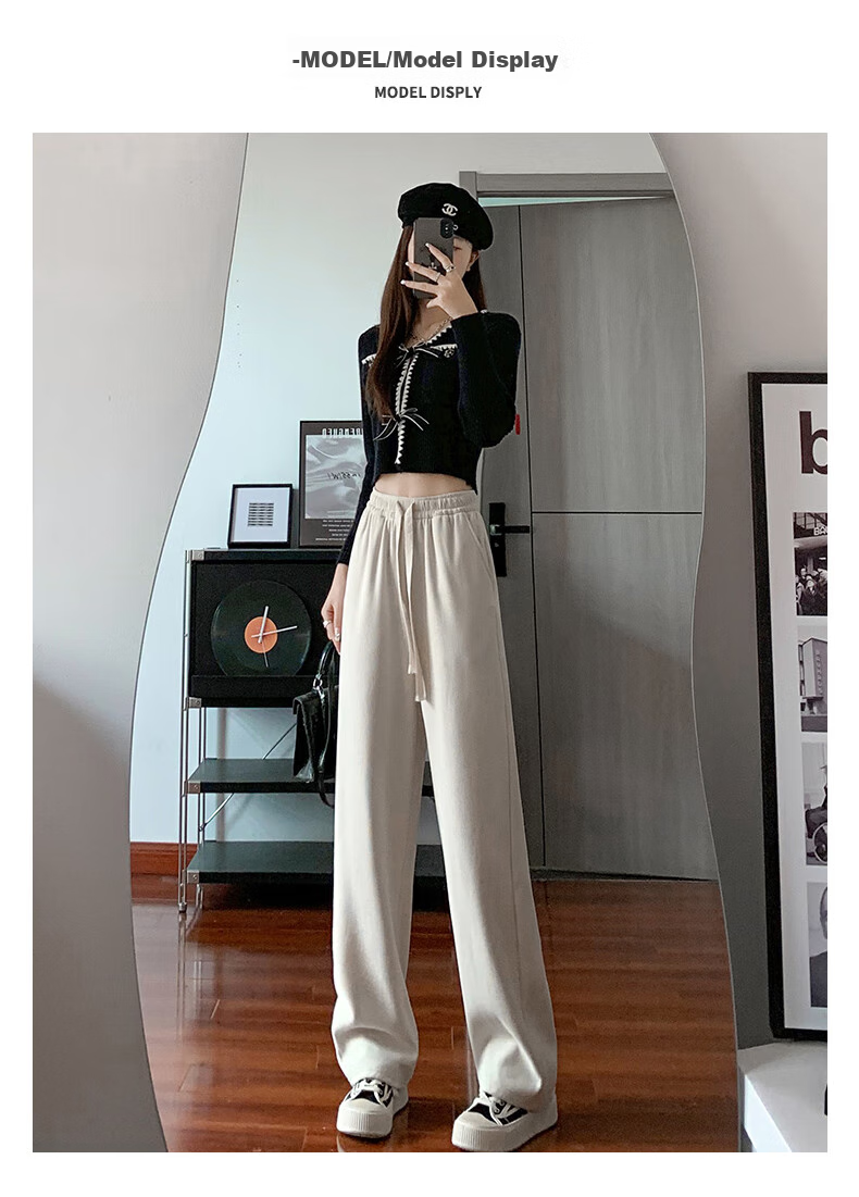 LangSha White Chenille Slim Wide-Leg Pants for Women, Spring And Autumn Thin Style, High-Waisted Draping Straight-Leg Corduroy Casual Sports Trousers 11