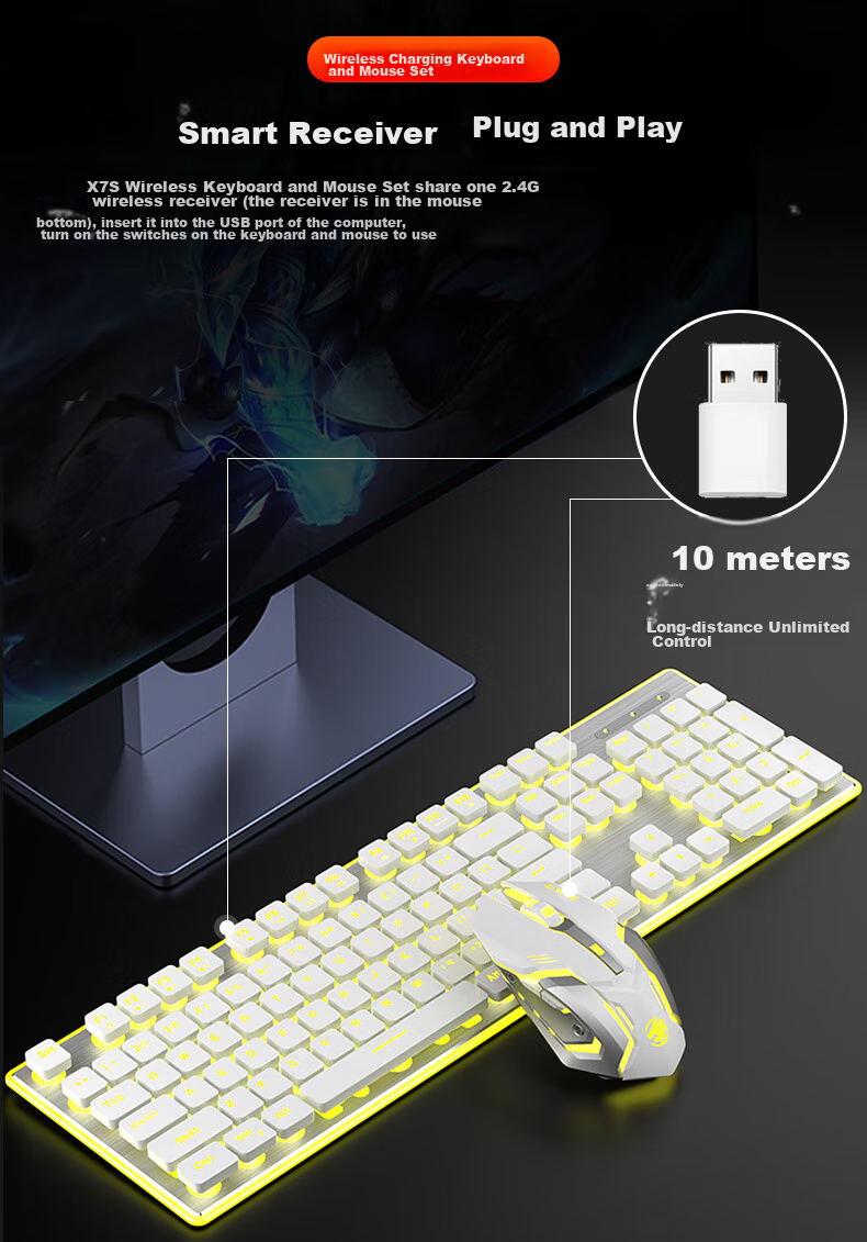 EWEADN X7S Wireless Keyboard And Mouse Combo, 108-Key Office Keyboard, Low-Profile Keyboard for Office, E-Sports Gaming, Universal for Desktop And Laptop Computers, Rechargeable Keyboard, White with Yellow Light 8