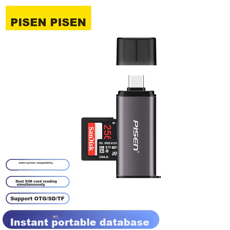 Pisen Type-C Card Reader SD/TF Dual-Function Two-In Compatible with IPad/iPhone 15/16, OTG Android Phones, Cameras, Drones, Surveillance Recorder, Memory Card