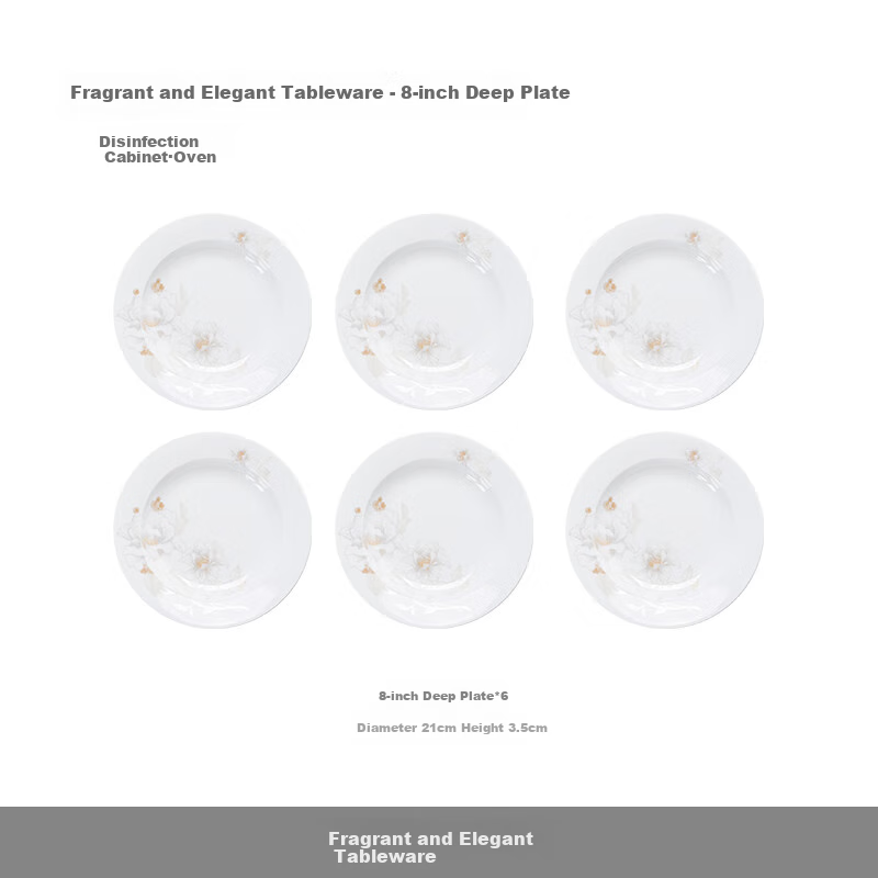Jdz Ceramic Household Plates And Dishes, Healthy White Porcelain, 8-Inch Deep Plate Set, 6-Piece Set, Dish Plate Set, Fresh And Elegant Fragrance