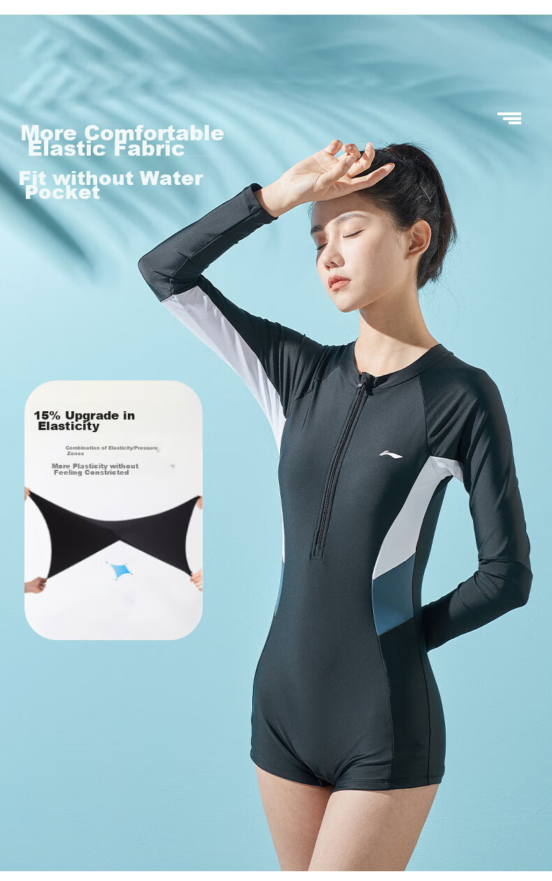 LI-NING Women's One-Piece Conservative Long Sleeve Square Leg Swimsuit High Elastic Breathable Color Block Hot Spring Vacation Swimwear 062 Black Pink M 4