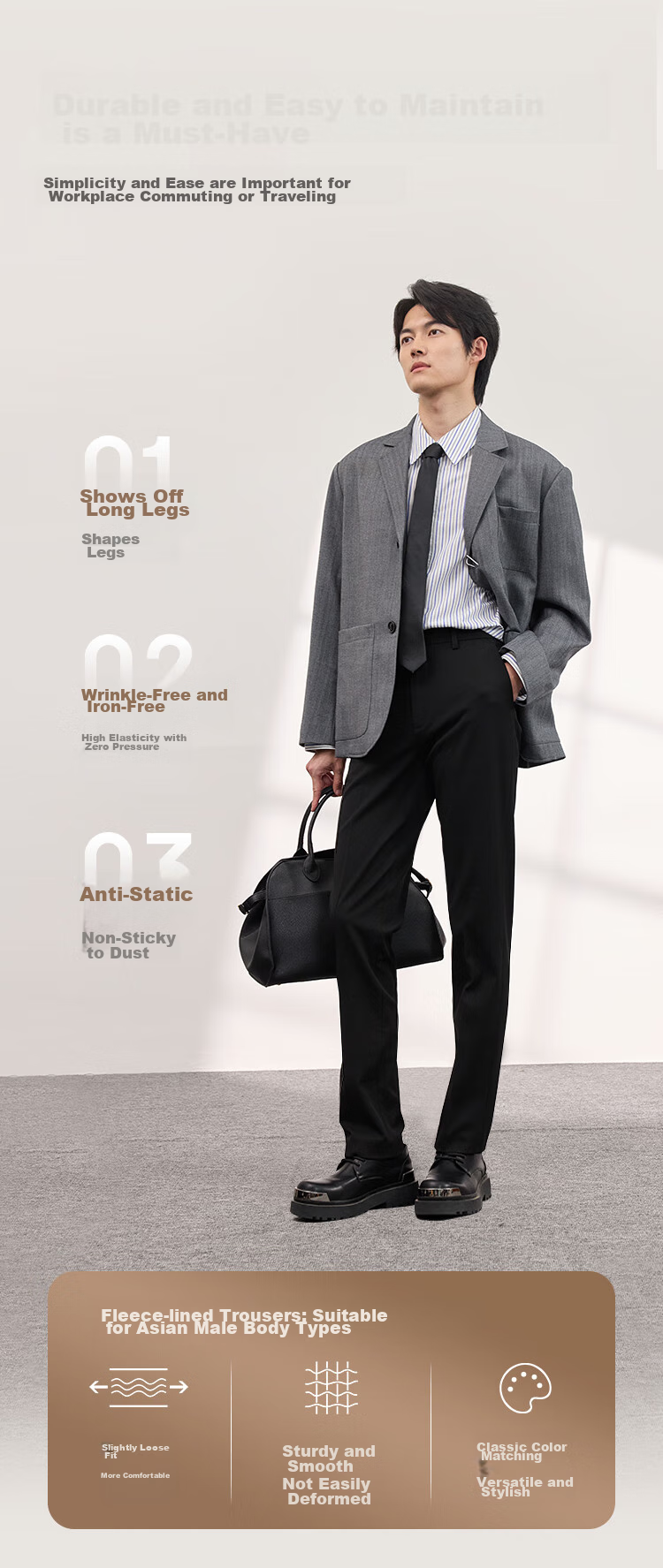 JD Original Men's Dress Pants, Casual Straight-Leg Wrinkle-Resistant Fleece-Lined Suit Trousers, Gift for Men, Black, Size 35 9