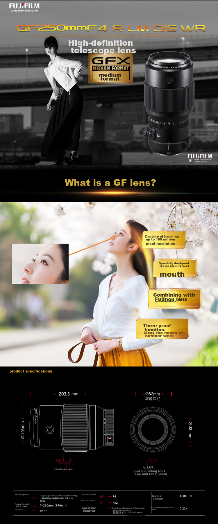 FUJIFILM GF250mm F4 R LM OIS WR, Full-Frame High-Quality Telephoto Lens, G-Mount 1