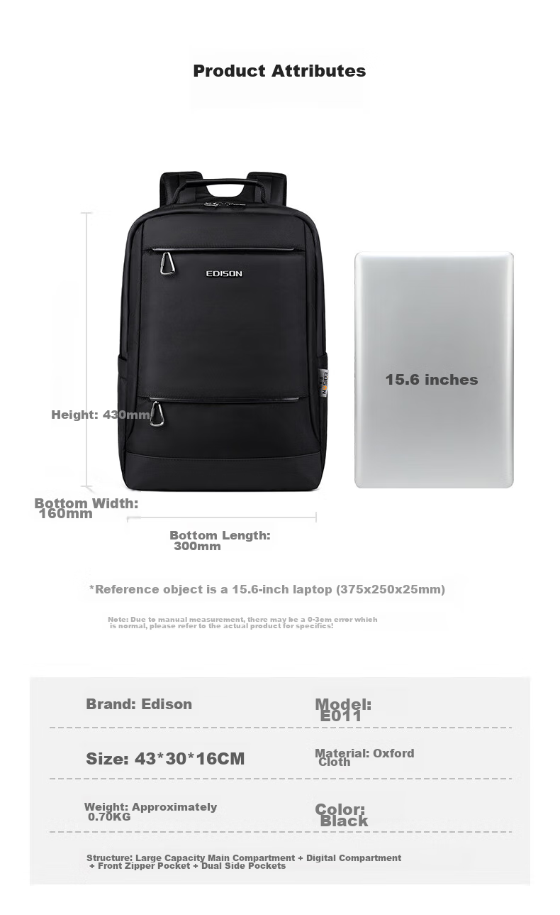 Edison Men's Backpack Business Commute Laptop Bag Large Capacity Water-Resistant Backpack E011-1 Black 13