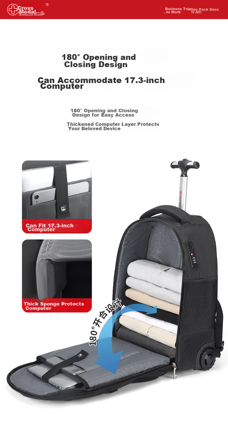 CROSSGEAR Backpack with Wheels, 17.3-Inch Large Capacity Business Travel Luggage, Carry-On Suitcase, Student Backpack 5