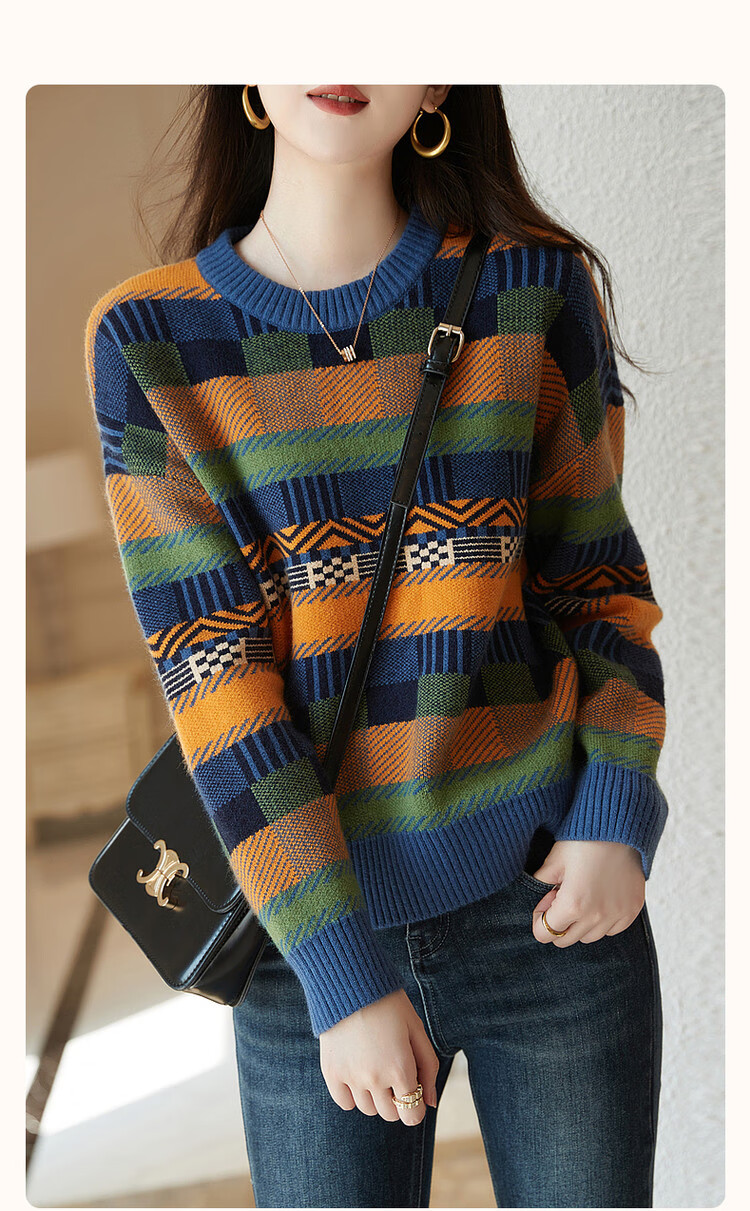 Dme [Color Block Knit Sweater] Spring And Autumn Commuter Round Neck Loose Drop Shoulder Long Sleeve Slightly Stretchy Women's Sweater, Orange, Size S 2