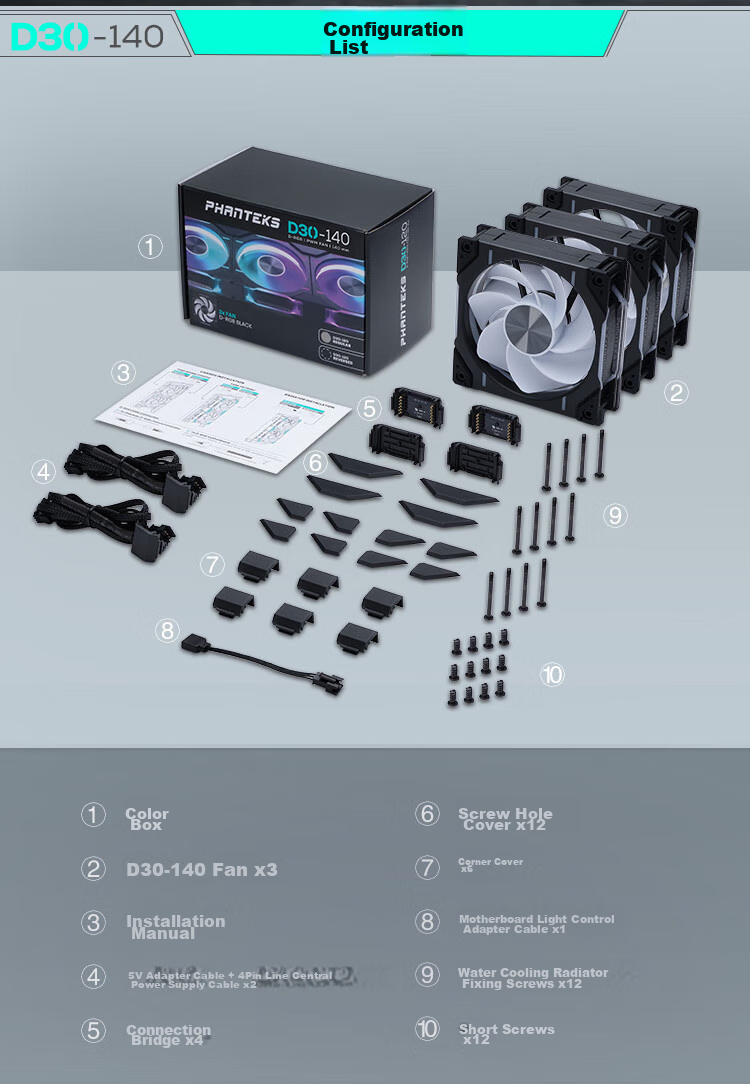 PHANTEKS D30 Building Block Edition Anti-Leaf 14cm Black Chassis Water Cooling Radiator ARGB Temperature Control Fan (30mm Thick/hidden Screws/wireless Assembly/3-Piece Set) 15