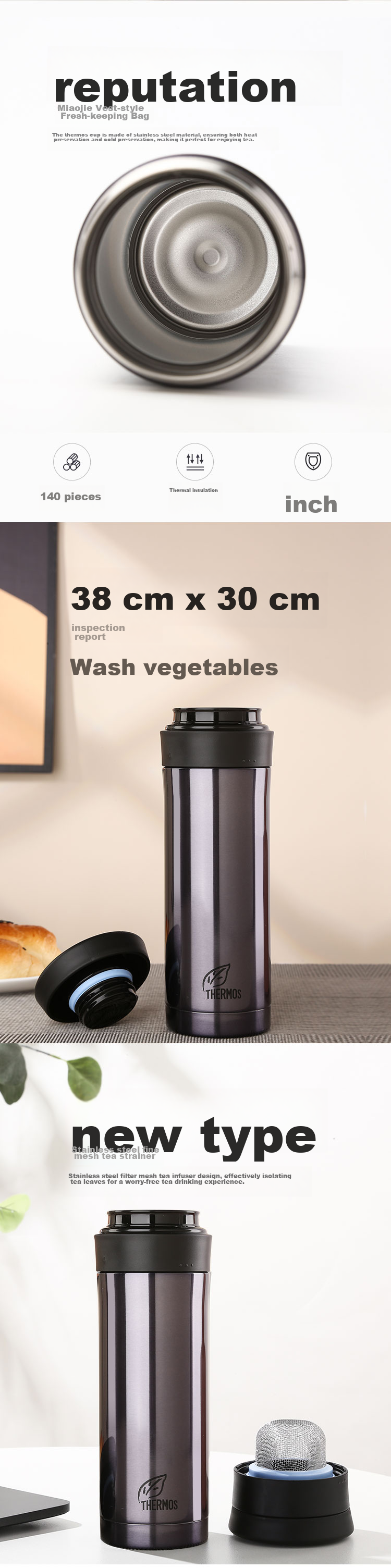 THERMOS Insulated Water Bottle, 470ml, High Vacuum Stainless Steel, for Outdoor Sports And Travel, with Tea Strainer, CMK-501 BKP 3