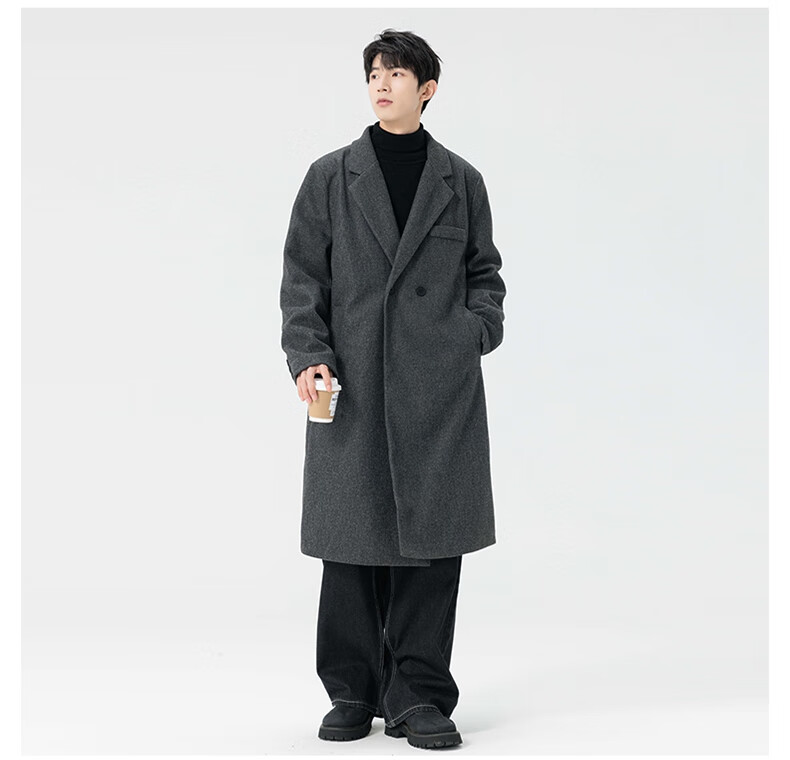 Dingfengbaoluo Men's Woolen Coat Autumn Winter Mid-Length Korean Style High-Quality Loose Over-the-Knee Wool Trench Coat HT88 Black 5XL 2