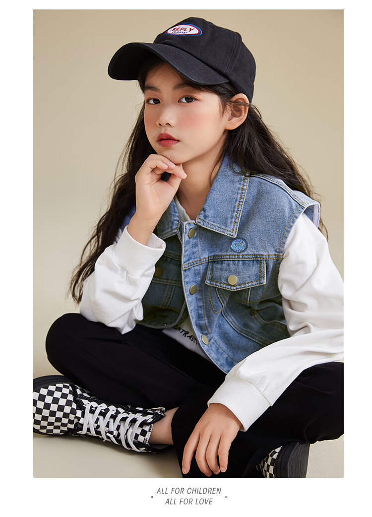 QQ DUCK Children's Denim Vest, Girls' Sleeveless Jacket, Youth Clothing, Classic Vest in Light Blue; Size 130 15