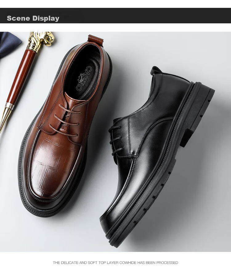 CARTELO Men's Leather Shoes, Cowhide Business Casual Leather Shoes, British Style Thick-Soled Men's Wedding Shoes, Work Shoes, 9788 Black, Size 38 11