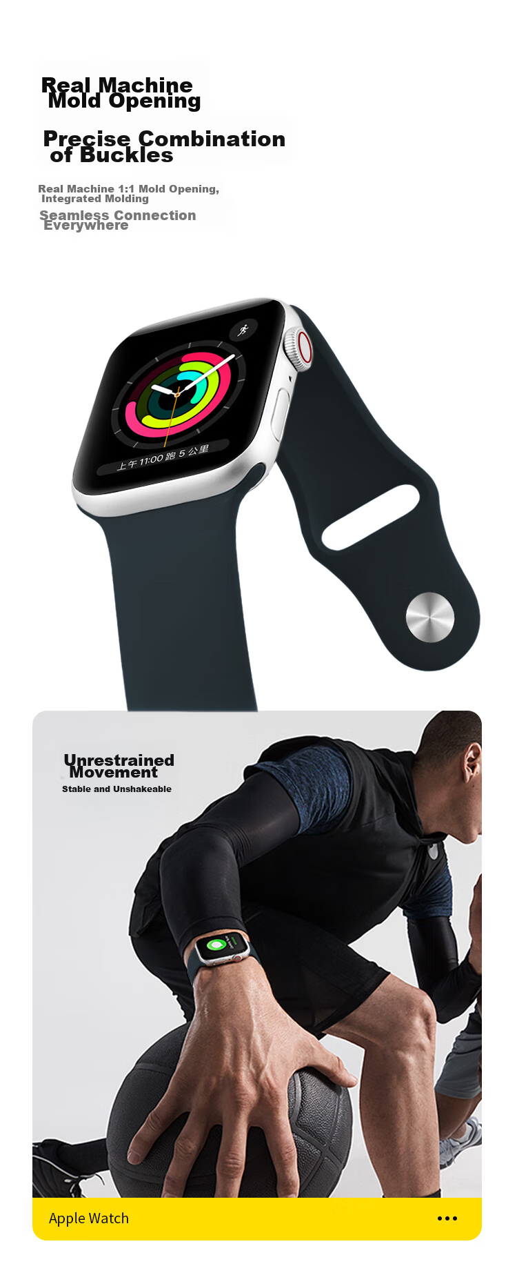 MSSM Compatible Silicone Watch Band for Apple Watch Series 11/ultra4/S12/10/9/8/SE3, Sports Band for Men And Women, Black, 38/40/41/42 8
