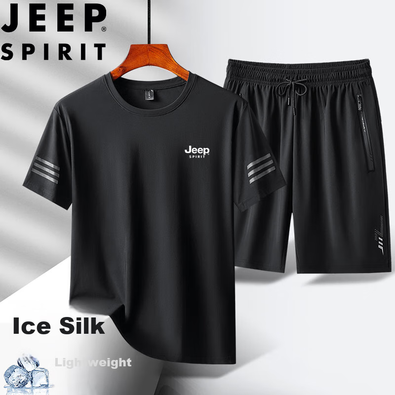 JEEP SPIRIT Ice Silk Set for Men, Summer Ice Silk T-Shirt And Shorts Two-Piece Set, Casual Sports Menswear, Black, 2XL