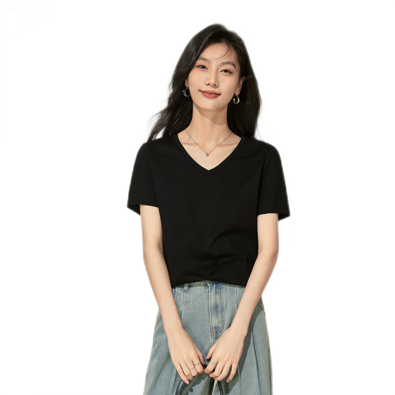 TUCANO Pure Cotton Short-Sleeve T-Shirt for Women, 2026 Summer New Style V-Neck Regular Shoulder Loose Solid Color Slimming Versatile Top, Black, XL