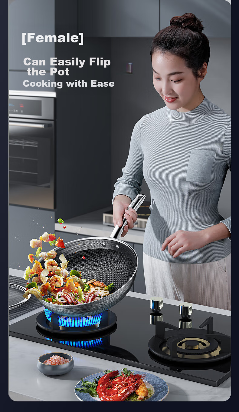 KBH Non-Stick Wok, Antibacterial Stainless Steel Frying Pan, Double Honeycomb Flat Bottom Pan with Red Dot, 32cm, Compatible with Induction Cooker And Gas Stove 11