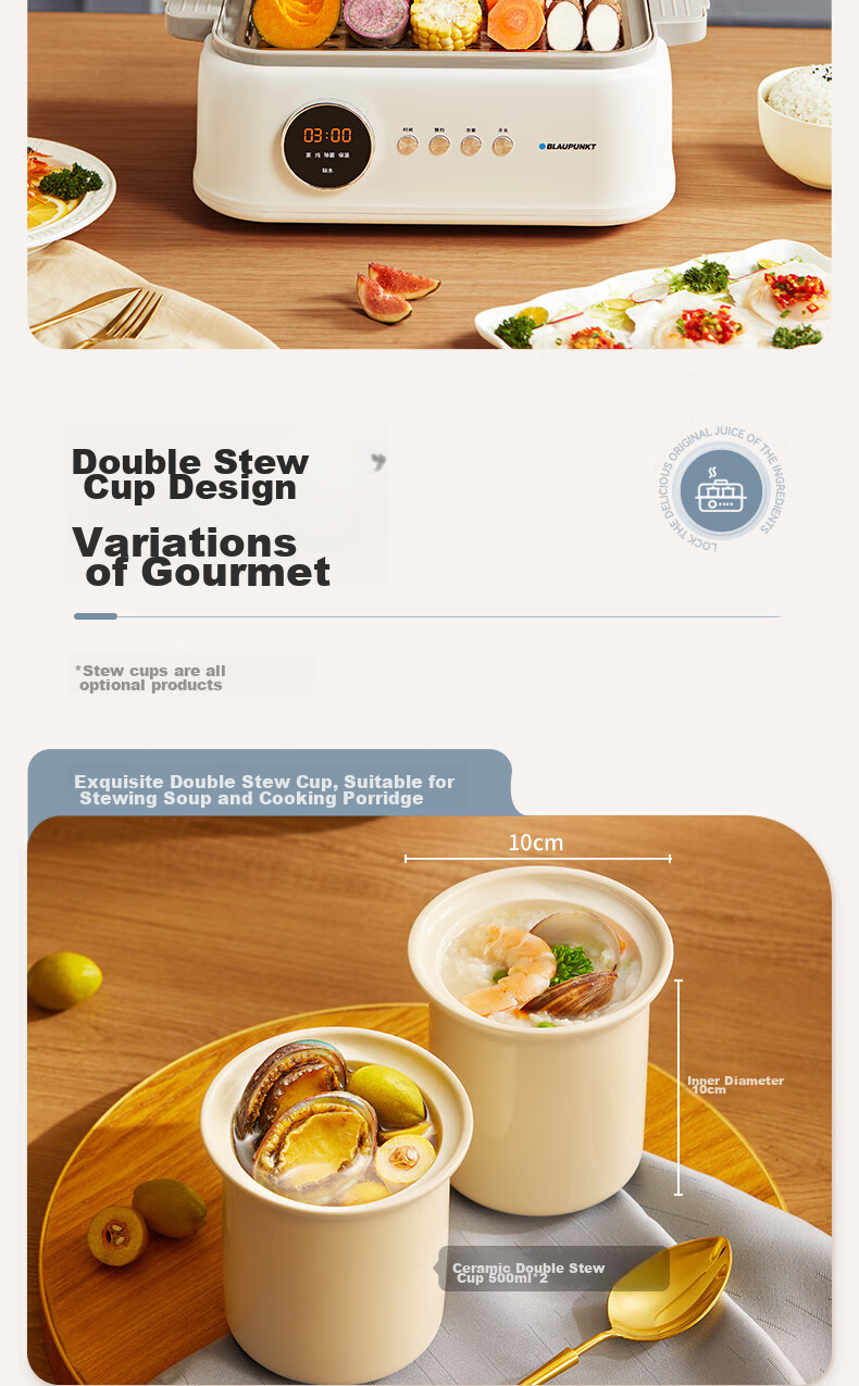 BLAUPUNKT Stainless Steel Electric Steamer, Multifunctional Steaming And Stewing Pot, 10L Double-Layer Steamer, All-In 24H Smart Reservation Cooking Pot, Steamed Bun Electric Stew Pot ZG03B 13