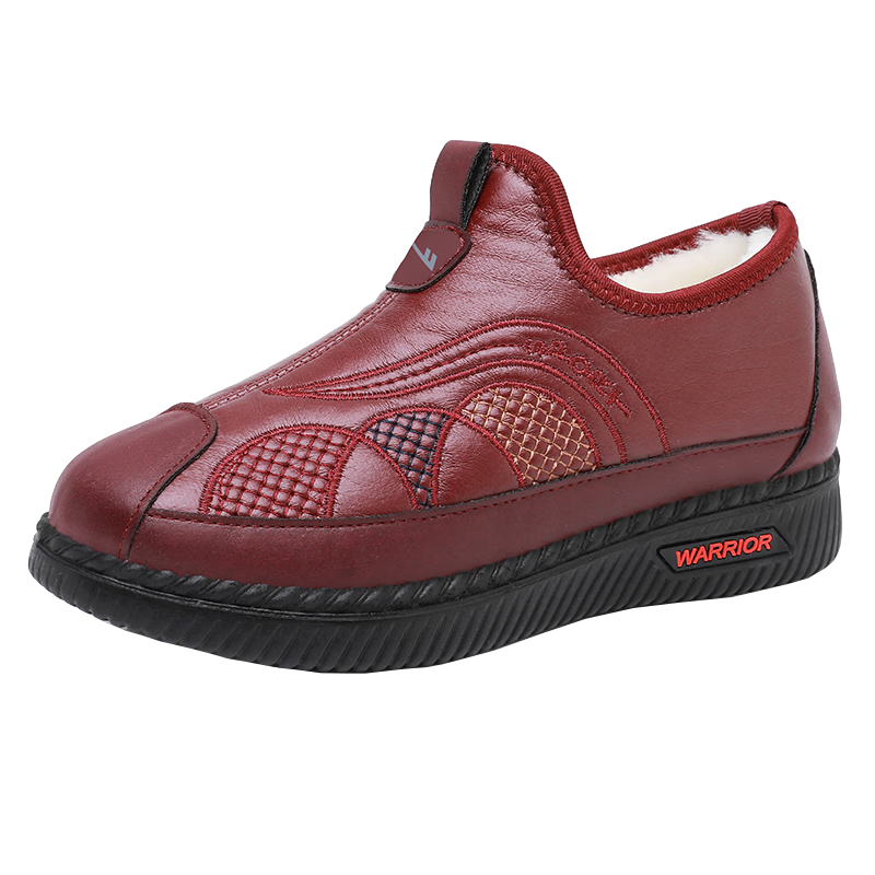 Warrior Mom Shoes Fleece-Lined Winter Cotton Shoes Non-Slip Warm Middle-Aged Elderly Short Boots Women's Leather Shoes 1271 Red White Size 36