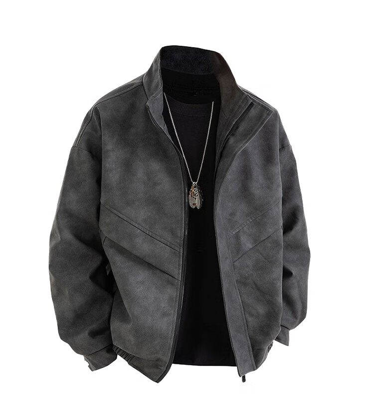 TUCANO Men's Leather Jacket Spring Autumn Loose Fit High-End Casual Windproof Retro Coat Black Gray M 5