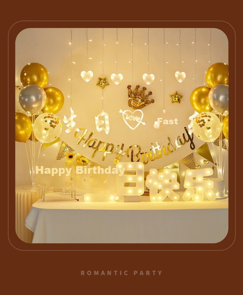 Duomeiyi Birthday Scene Decoration, Birthday Balloon Decorations for Boys And Girls, Children's First Birthday, Golden Years + Lights, Happy Birthday 2
