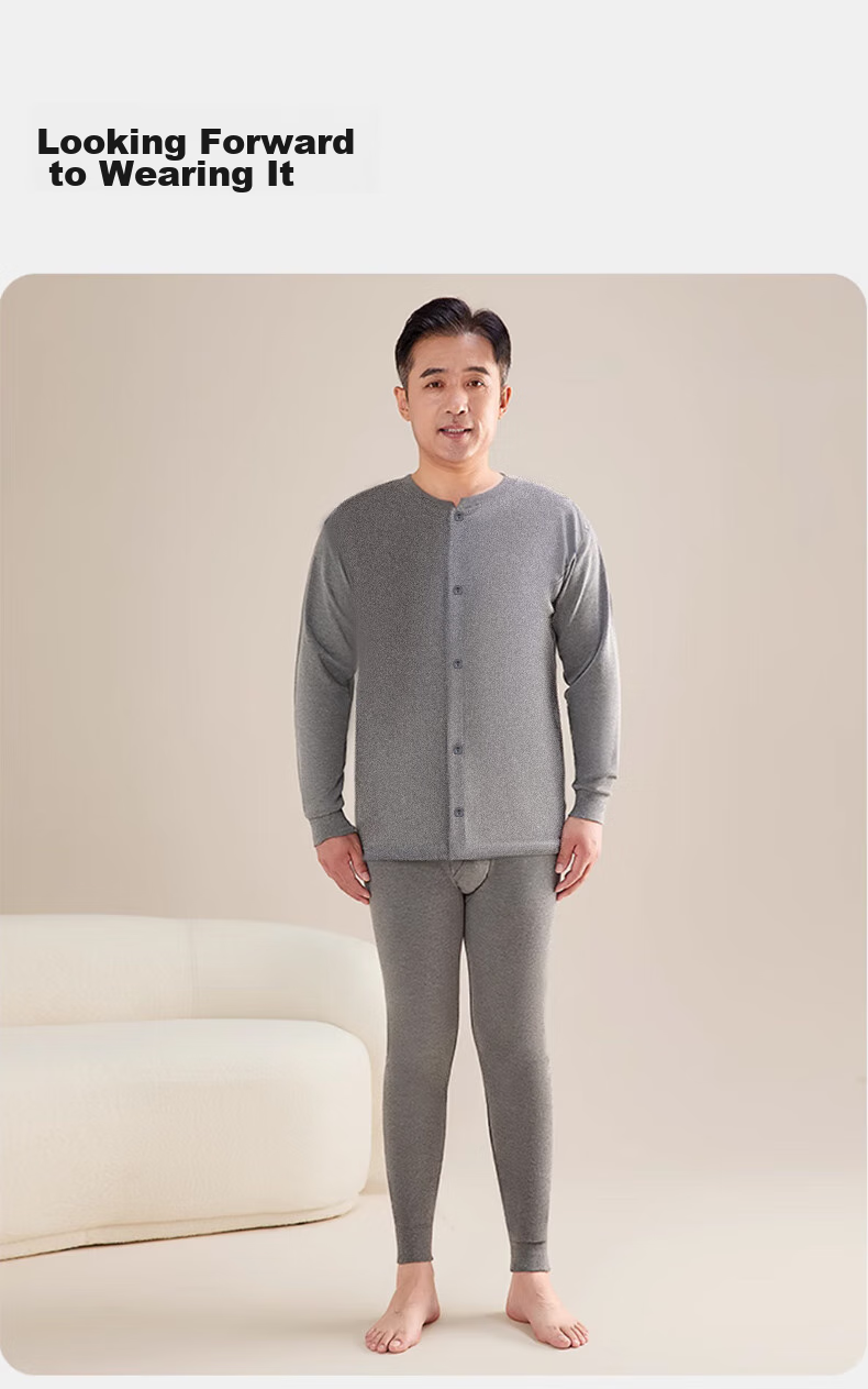 XUEXIMAN Middle-Aged And Elderly Autumn Underwear Set for Men, Pure Cotton Cardigan Style, Fashionable Printed Cotton Sweater, Warm Underwear, XL Size 15