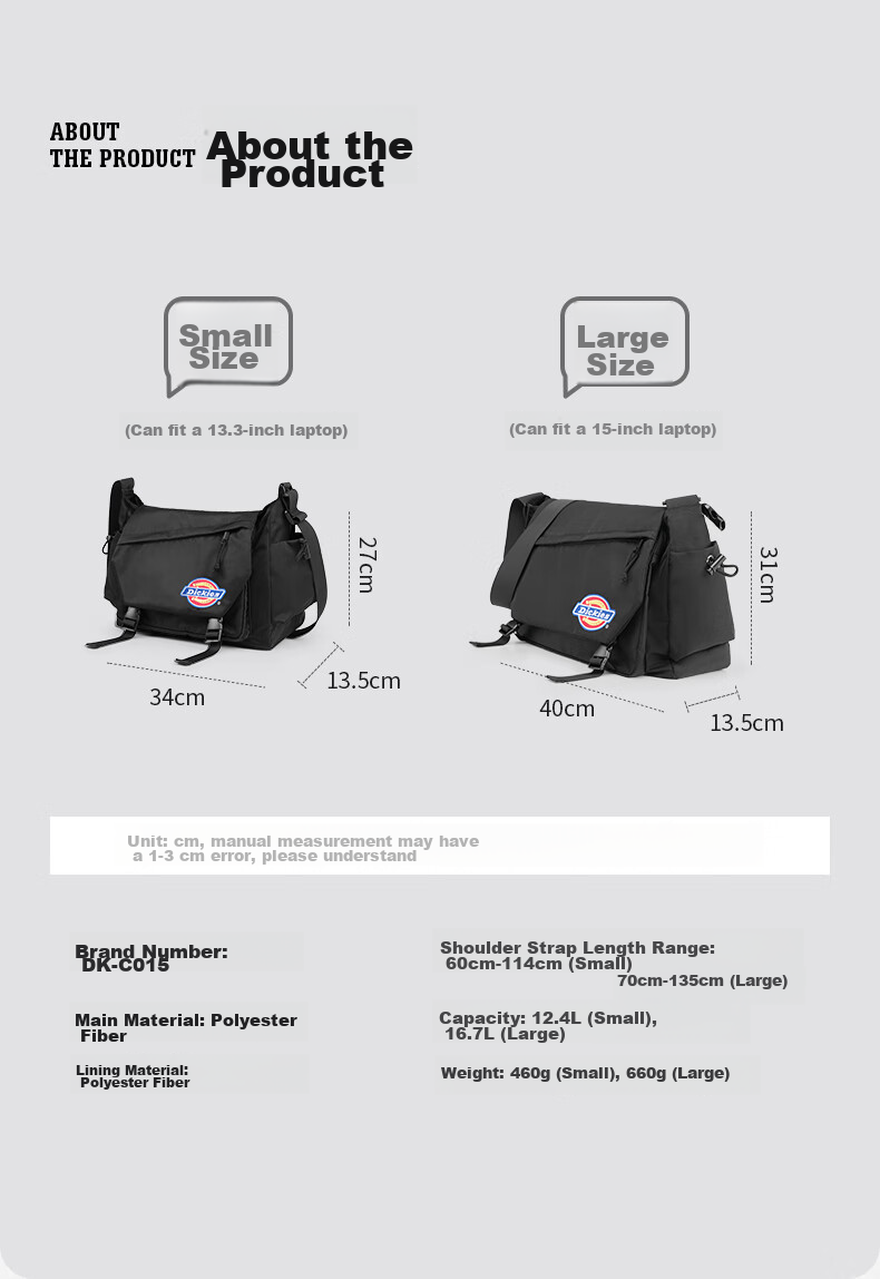 Dickies Men's Shoulder Bag, Large Capacity Casual Backpack, Lightweight Canvas Bag for College Students, Multifunctional Crossbody Bag with Shoulder Strap 10