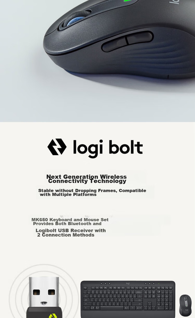 Logitech MK650 Enterprise-Grade Wireless Bluetooth Office Keyboard And Mouse Set, Full-Size Wireless Keyboard Design, Premium Series with Bolt Wireless Receiver [Order Bonus] 2