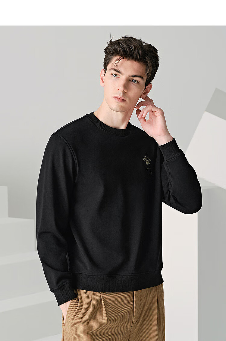 Dancing with Wolves [Long-staple Cotton Lined with Fleece] Autumn Winter Thickened Warm Crewneck Sweatshirt Men's Hoodie 001 Black 170 9