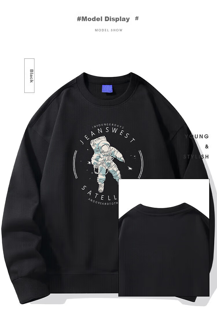 Jeanswest Sweatshirt, Men's Round Neck, Trendy Brand, 2026 Autumn Top, Fashionable Loose Pullover, Men's Jacket, Black, XL 20
