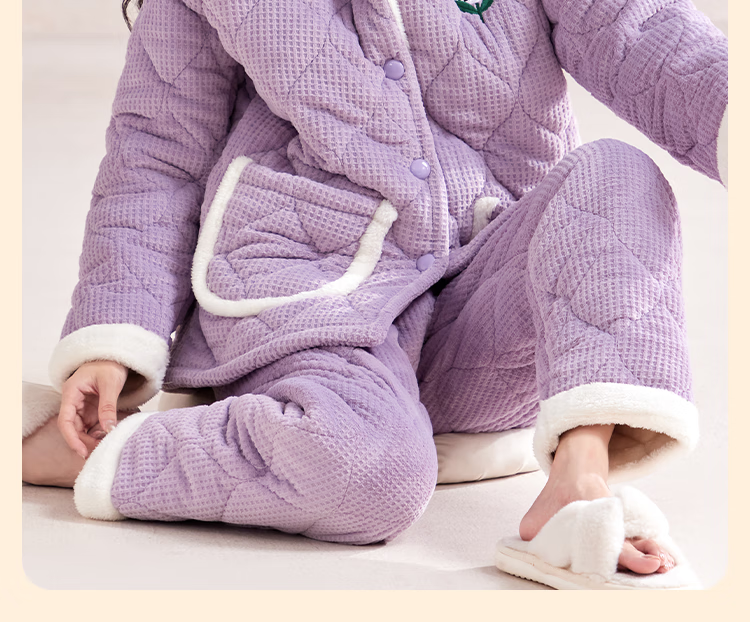 MiiOW Coral Fleece Three-Layer Padded Women's Pajamas, Ultra-Thick Fleece-Lined Warm Loungewear, Suitable for Outdoor Wear, Cherry Blossom Pink 27