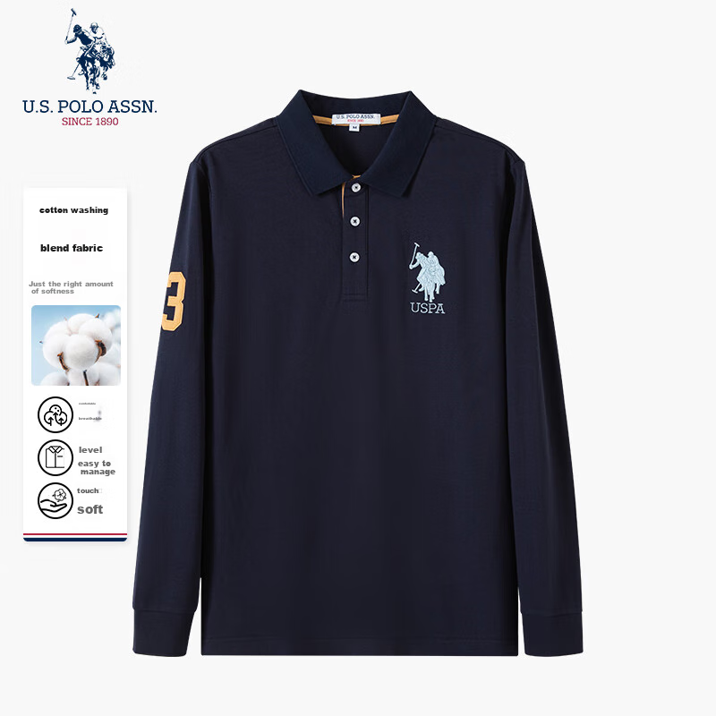 U.S. POLO ASSN. Men's Polo Shirt with Collar, Autumn Business Casual Long-Sleeve T-Shirt, American-Style Loose Top for Men, Navy Blue, Size L