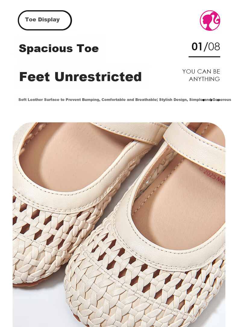 Barbie Children's Shoes, Girls' Summer Hollow Sandals, New Closed-Toe Woven Soft-Soled Sandals, Summer DA6863, Beige, Size 28 4