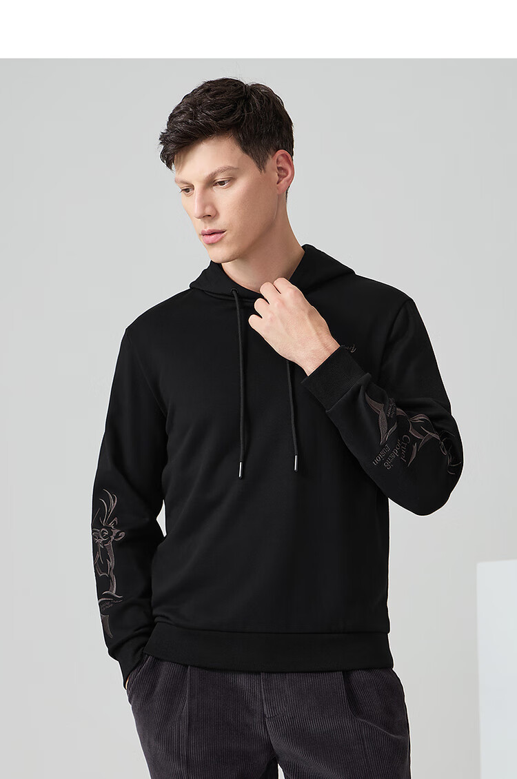 DANCING WOLVES [Jacquard Texture] Autumn And Winter Fashion Versatile Embroidered Hooded Sweatshirt for Men, 001 Black, Size 180 4