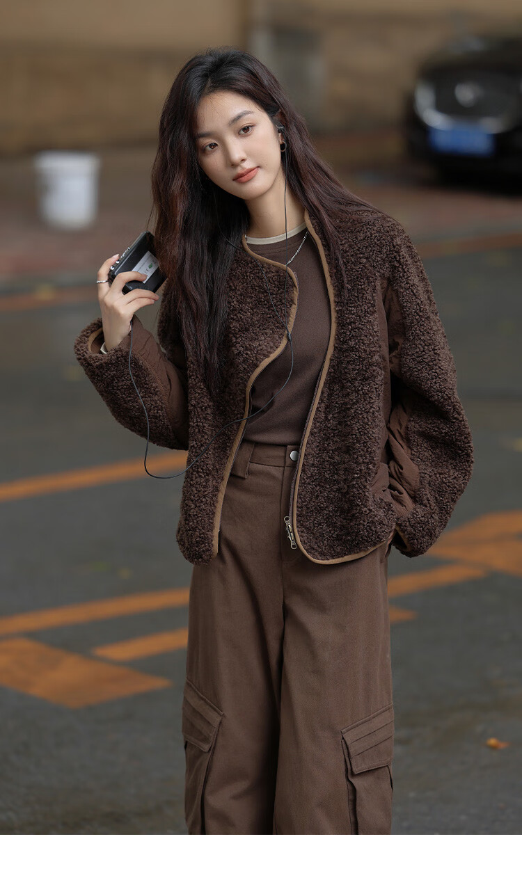 Dme Vintage Plush Jacket Autumn And Winter Style Irregular Arc Zipper Faux Sherpa Coat for Women Coffee Color L 11