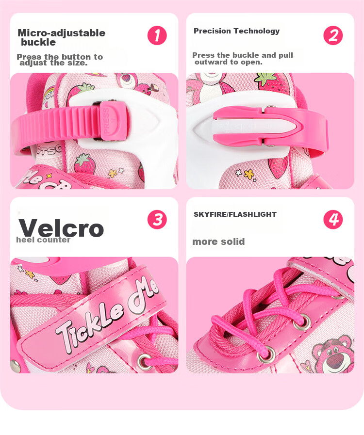 Disney Strawberry Bear Children's Roller Skates, Full Flash Inline Skates, Adjustable Ice Skates for Girls, Beginner Skating Shoes 21