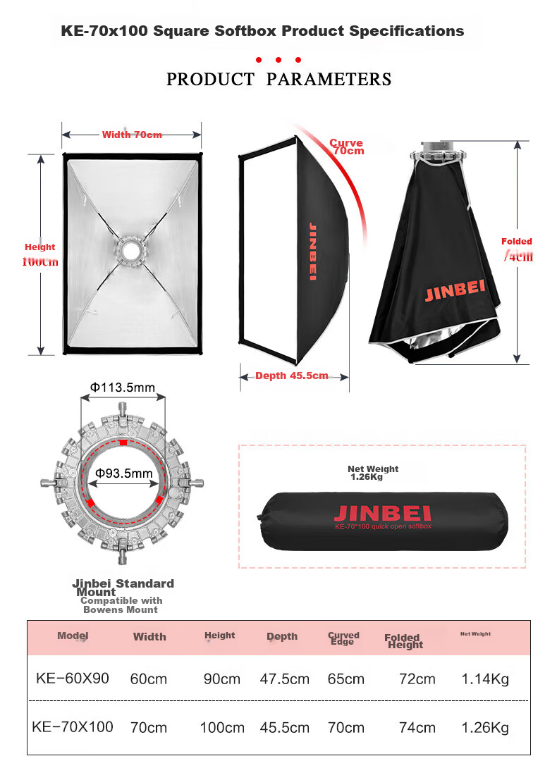 JINBEI KE Series Quick-Install Rectangular Softbox with Grid, Portable Easy-To Studio Equipment, Light Modding Accessory, KE-70*100 [Single Grid] 3