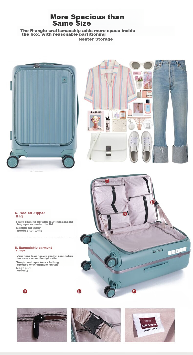CROWN Zipper Aluminum Frame Suitcase, Carry-On Luggage, Large Capacity Front-Opening Case, Small Size 5278-20 Beige 11