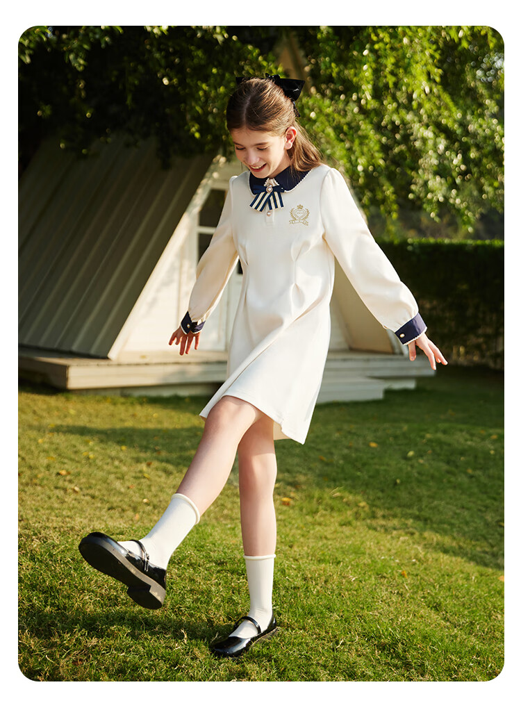 YEEHOO Girls' Dress, Children's Princess Dress, Big Kids' Dress, Preppy Style Long-Sleeve Dress, Autumn, Off-White, Size 165 10