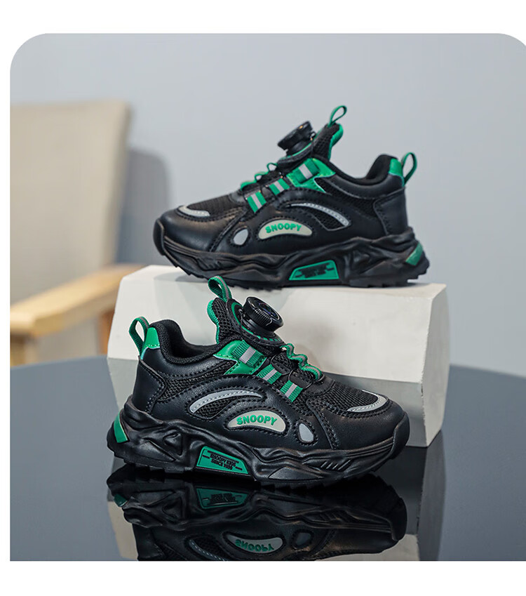 SNOOPY Children's Sneakers, Boys And Girls Sports Shoes, Mesh Dad Shoes, Lightweight Soft-Soled Running Shoes, 0398 Black And Green, Size 32 10