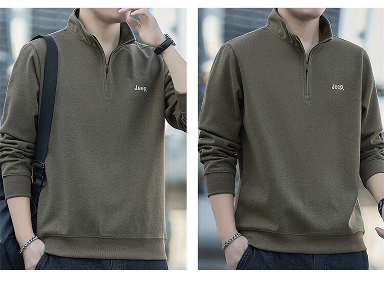 JEEP Men's Sweatshirt Spring Autumn Loose Stand Collar Long Sleeve T-Shirt Heavyweight Trendy Clothing Black L 19