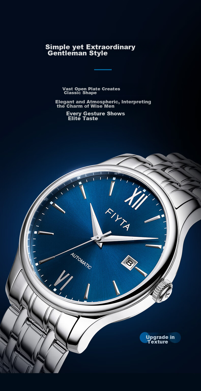 FIYTA Men's Watch, Classic Automatic Mechanical with Date Display And Blue Dial, Steel Strap Business Watch, Holiday Gift 3