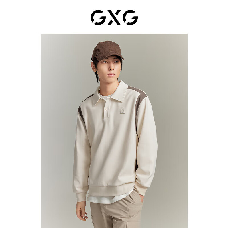 GXG Men's Urban Commute Two-Tone Lapel Contrasting Texture Wide Long-Sleeve Sweatshirt 2023 Beige 165/S