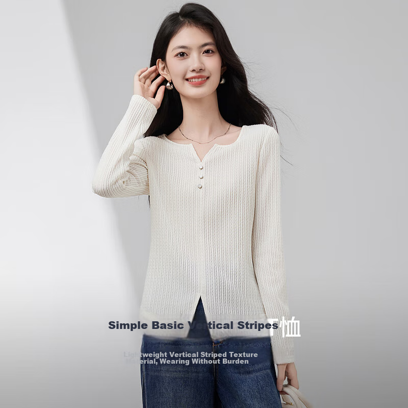 Sentubila [Solid Color Long-Sleeve T-Shirt], 2025 Autumn Vertical Striped Textured V-Neck Placket Three-Button Elastic Long T-Shirt