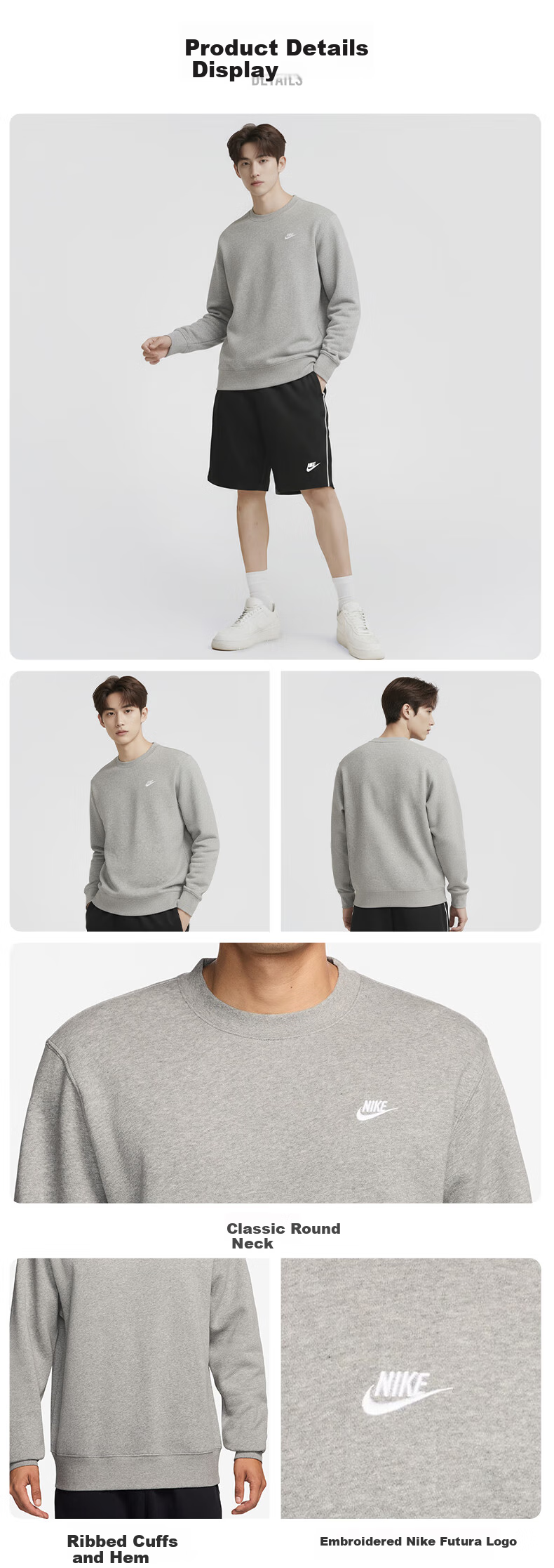 Nike Men's Crew Neck Knitted Sweatshirt Classic Simple Fleece Pullover FN3887-051 Gray White L 5