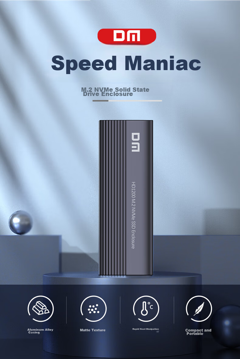 DM M.2 NVMe External Hard Drive Enclosure, Type-C 3.2 Interface, SSD Solid State Drive, Laptop M2 External Aluminum Alloy Enclosure, HD1200 2
