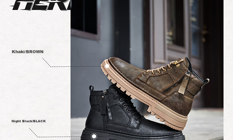 CAMEL Brand Martin Boots, Outdoor Casual Work Boots, British Style Motorcycle Boots for Men, P14W342602, Khaki, Size 41 4