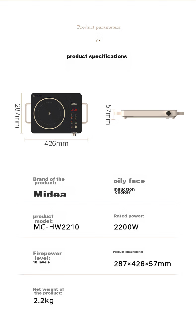 Midea Induction Cooker, Ceramic Cooktop, Battery Stove, 2200W Electric Hot Pot, Intense Heat, Tea Brewing, Water Boiling, Stir-Frying, Electromagnetic Stove for Tea Brewing, Dual Ring Flame Control, Suitable for All Pots, Wear-Resistant And Easy to Clean HW2210 13
