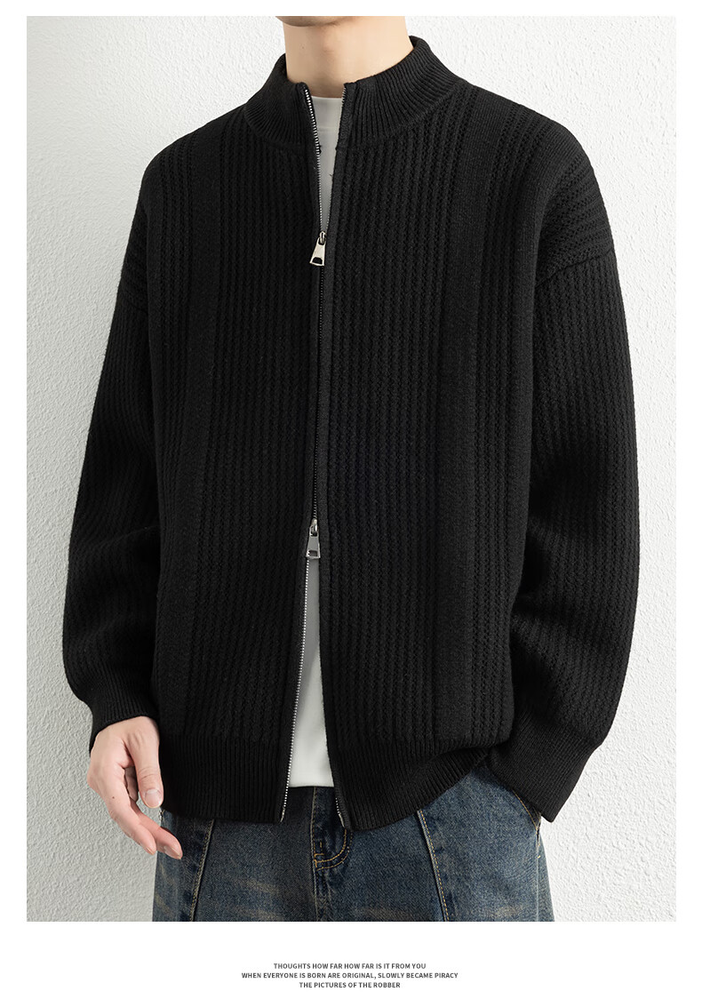 ROMON Men's Cardigan Knit Sweater Spring Autumn Trendy Casual Warm Drop Shoulder Stand Collar Jacket 7029 Dark Black 3X 8