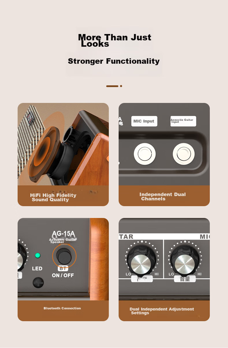 AROMA Acoustic Guitar 15W Folk Speaker, Singing Rechargeable Portable Outdoor Bluetooth Musical Instrument Smart Speaker AG-15A 2