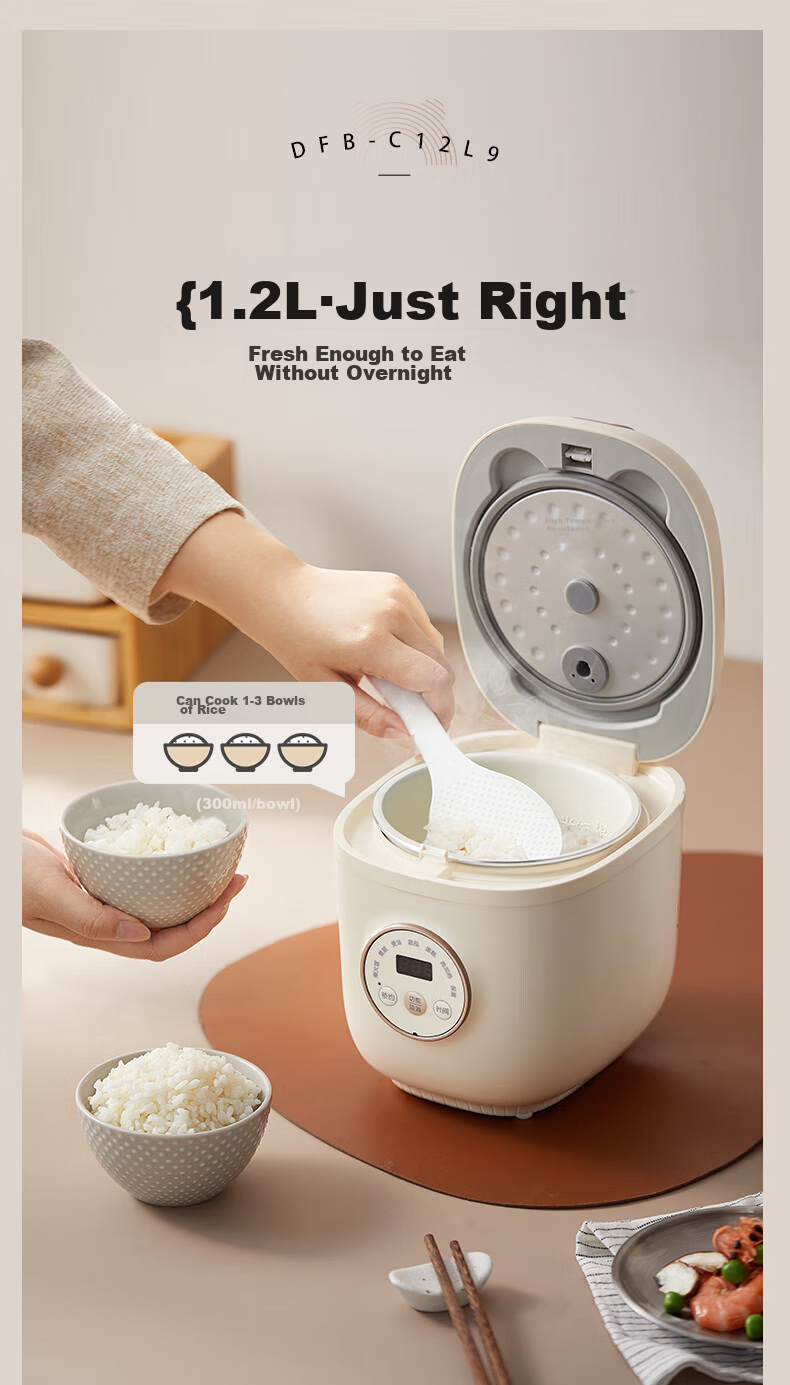 Bear Rice Cooker, Compact 1.2L Mini Capacity, for Single Person Or Home Use, Dormitory for 1-2 People, Multifunctional Smart Reservation Timer, for Soup And Porridge Cooking, Rice Cooker DFB-C12L9 9